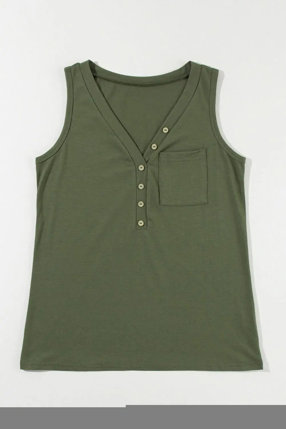 Jungle Green Half Button V Neck Patched Pocket Tank Top - Love Salve